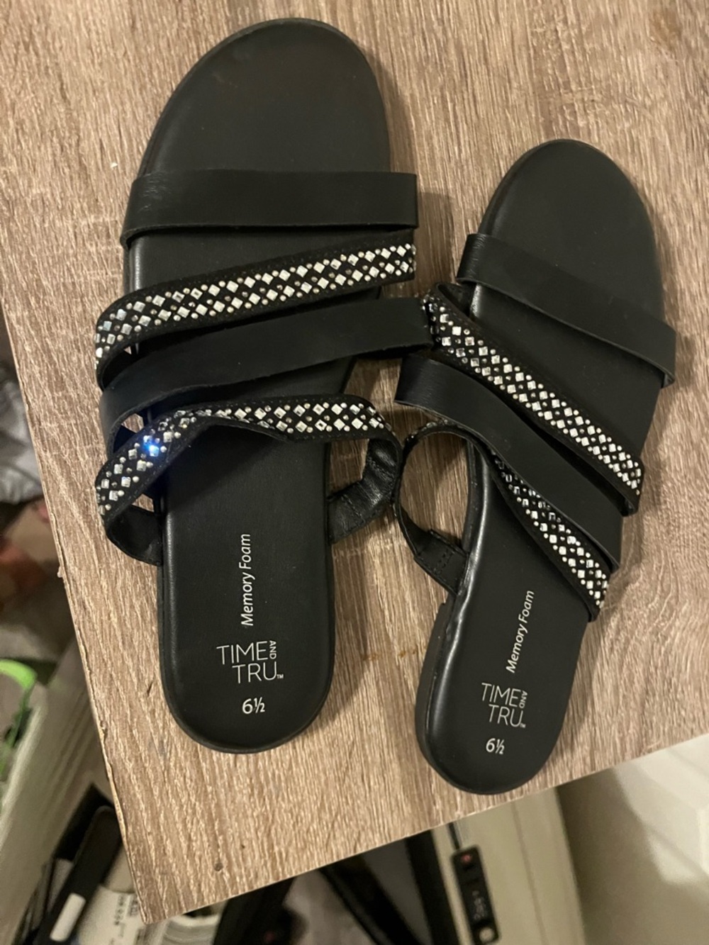 Time and Tru Black Slide Sandals with Sparkling Straps